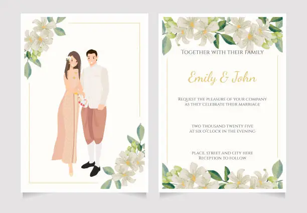 Vector illustration of cute young Thai weddng couple in watercolor flower gardenia ornage jamine bouquet with gold glitter wreath frame wedding invitation card