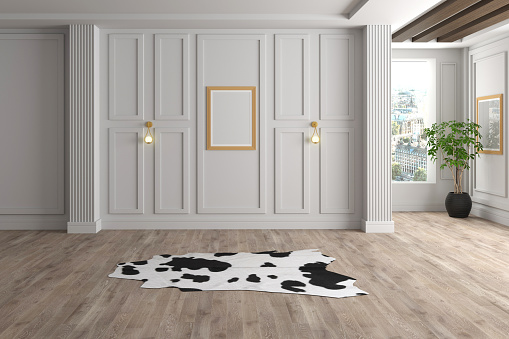 3D render Modern interiors empty room .plant vase. floor parquet. photo frame