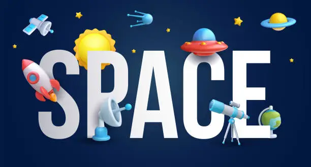 Vector illustration of 3d realistic cartoon space composition. Rocket, ufo, satellite, star, planet, sun, globe, radar, telescope. Inscription space with glossy cute children objects in minimal style. Vector illustration.