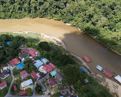 An aerial view of the National park Kuala Tahan river with the village.