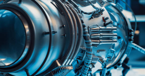 istock Advanced Futuristic Turbine Engine with Multiple Fans, Wires, Connectors. Jet Engine with Stylish Contemporary Design in Technological Silver Color. Project in Development in Research Laboratory 1489394520