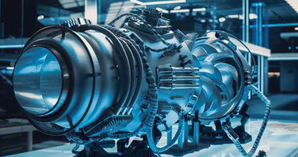 istock Advanced Futuristic Turbine Engine with Multiple Fans, Wires, Connectors. Jet Engine with Stylish Contemporary Design in Technological Silver Color. Project in Development in Research Laboratory 1489394547