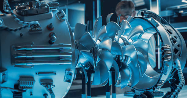 istock Advanced Futuristic Turbine Engine with Multiple Fans, Wires, Connectors. Jet Engine with Stylish Contemporary Design in Technological Silver Color. Project in Development in Research Laboratory 1489394571
