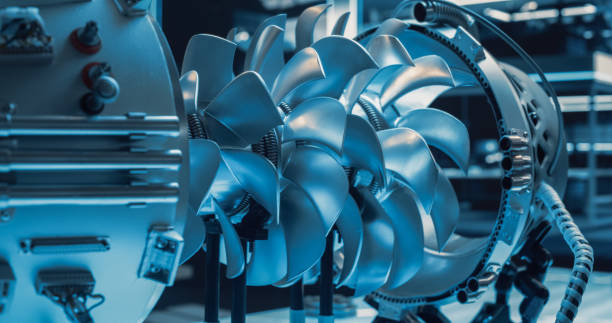 istock High Tech Futuristic Turbine Engine with Multiple Fans, Wires, Connectors. Jet Engine with Stylish Contemporary Design in Technological Silver Color. Project in Development in Research Laboratory 1489394678