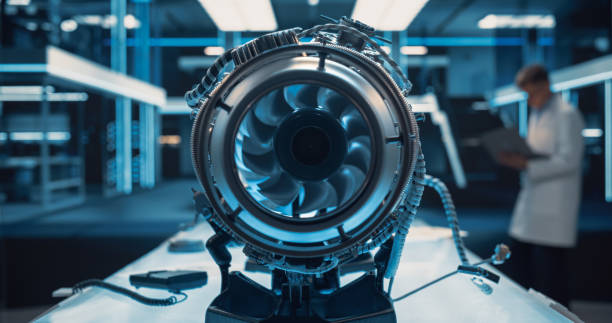 istock Modern Industrial Jet Engine in Research and Development Facility. Advanced Futuristic Turbine Engine with a Rotating Fan 1489394919