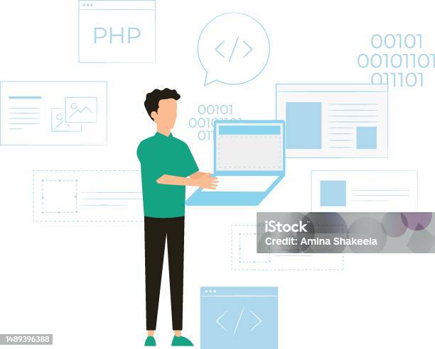 Boy Coding On Laptop Stock Illustration - Download Image Now - Abstract ...