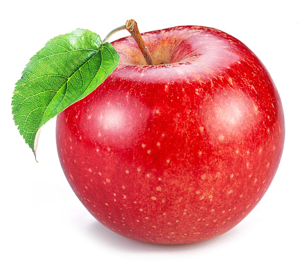 Ripe perfect red apple with green leaf on white background.