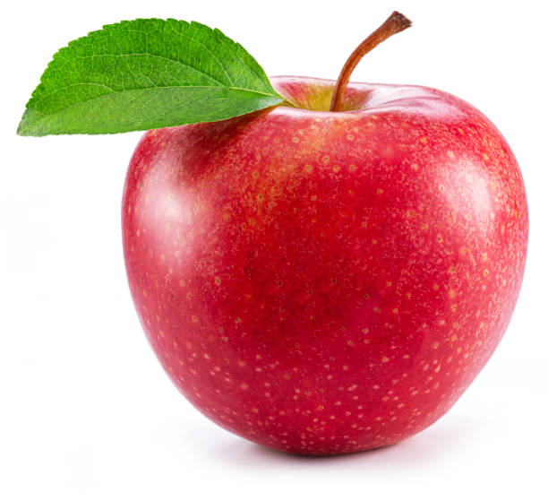 istock Ripe perfect red apple with green leaf on white background. 1489396451