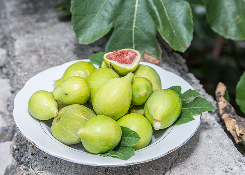 Ripe fig fruits on the white plate in the garden.