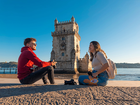 Winter tourism in Belem, Torre de Belem in Lisbon, Portugal. February 2023