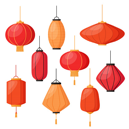 Set of lanterns in asian style. Chinese New Year decorations. Vector illustration