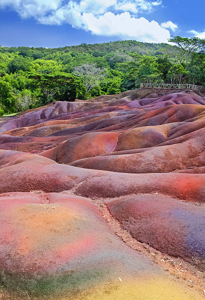 Main sight of Mauritius- Chamarel-seven-color lands. stock photo