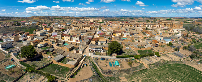 Panoramic aerial view of Monteagudo de las Vicarias is a historic town in the province of Soria, judicial district of Almazan, Autonomous Community of Castilla and Leon, Spain.