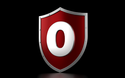 Red Shield And Number 0 On Black Background. Security Concept.