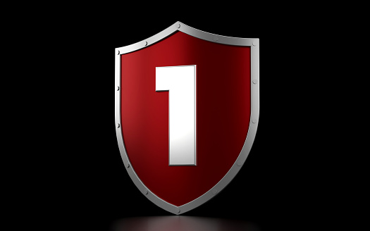 Red Shield And Number 1 On Black Background. Security Concept.