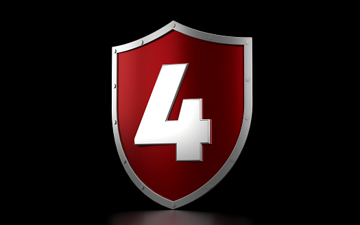 Red Shield And Number 4 On Black Background. Security Concept.