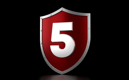 Red Shield And Number 5 On Black Background. Security Concept.