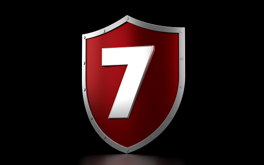 Red Shield And Number 7 On Black Background. Security Concept.