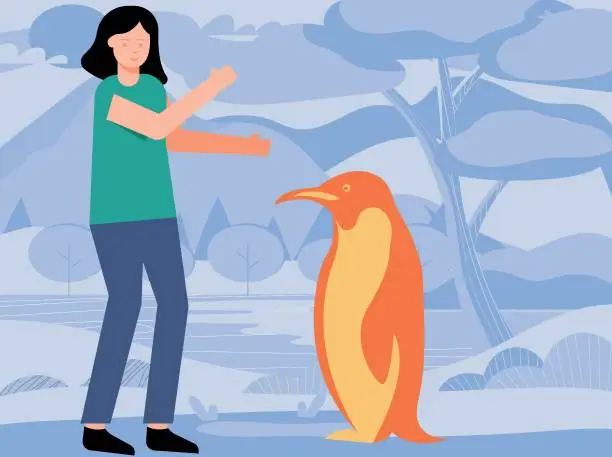 Vector illustration of The girl is looking at the penguin.