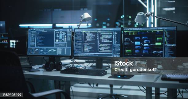 computer screens running programming code in empty... Empty Software Developer Office Workplace With A Desk With Multiple ...