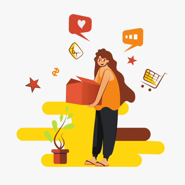 istock Vector illustration of female character holding the box flat design 1489403530