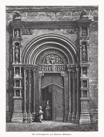 Historical view of the Gallus Gate (Galluspforte) on the north facade of the transverse ship of the Basel Minster. It is considered the oldest (around 1185) Romanesque figure portal in German -speaking countries. Wood engraving, published in 1877.
