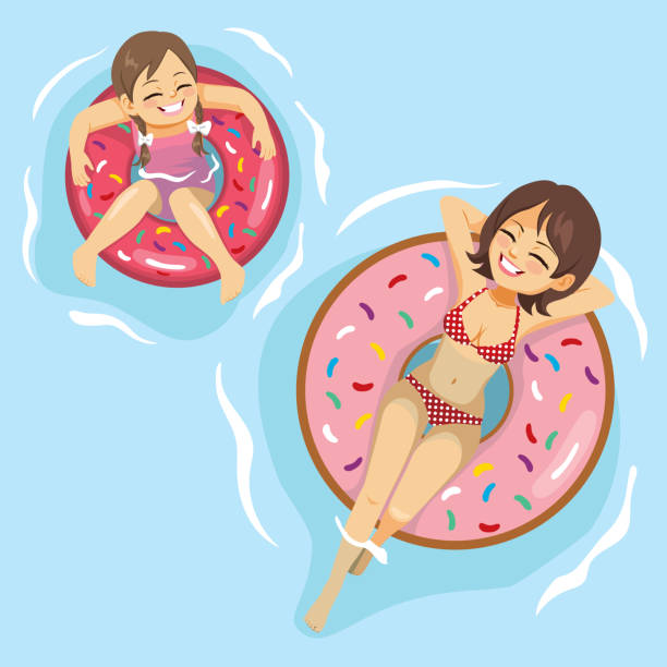 Mother Daughter Summer Swimming Pool Mother and daughter enjoying summer at swimming pool on inflatable ring mother daughter swimming pool stock illustrations