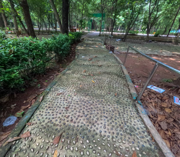 Stone reflexology path for abandoned foot massage Stone reflexology path for abandoned foot massage. Round convex white pebbles for massage systems to relieve tension and treat ailments. reflexology stone massaging human foot stock pictures, royalty-free photos & images