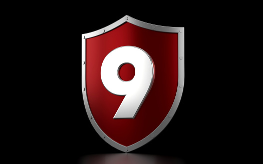Red Shield And Number 9 On Black Background. Security Concept.