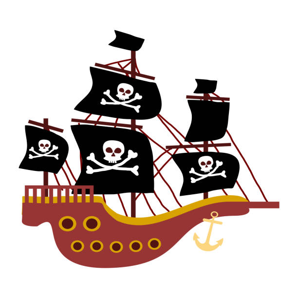 istock Pirate ship with black sails. Flag with a skull and crossbones. Illustration in a flat cartoon style. 1489406971