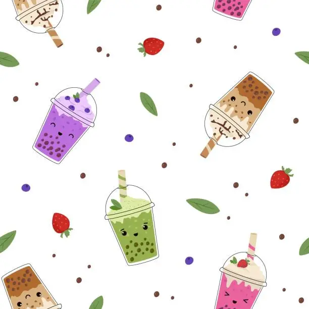 Vector illustration of Funny kawaii bubble milk tea seamless pattern.