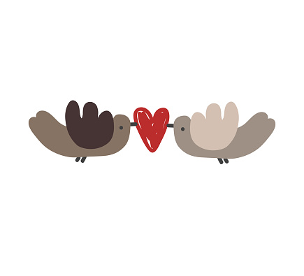 Two doodle cute birds holding a heart. Engagement, wedding invitation, Valentine day concept. Vector isolated illustration
