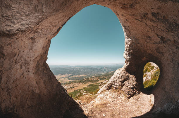 Cave with a view in Serra del Montsec, Ager, Spain. \nLandscape in Pyrenees mountains.