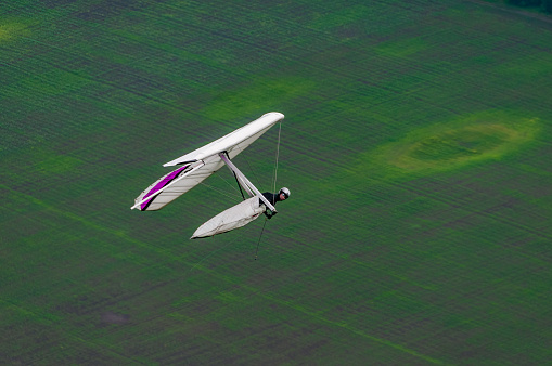 Hangglider wing in flight. Aerial photo