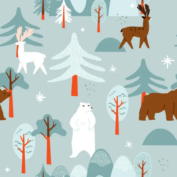 Vector illustration of Cute winter seamless pattern with a snowy forest, a polar bear in the midst of fir trees, a grizzly bear, deers in the woods. Children vector repeat backdrop for wallpaper, fabric, wrapping paper