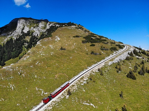 Schafberg mountain in Salzkammergut region of Austria. Schafberg rack railway (cog railway) line.