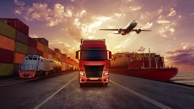 Transportation worldwide by ship, plane, train and truck. Concept of logistics. Cinematic view.