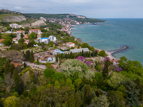 Aerial top view of the stunning Balchik botanical garden in Bulgaria during the spring season. Witness the lush greenery and blooming flowers as they come to life in this peaceful haven.