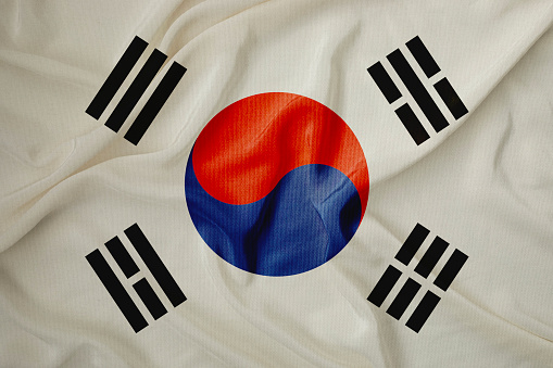 flag of South Korea  waving in the wind. Silk texture pattern