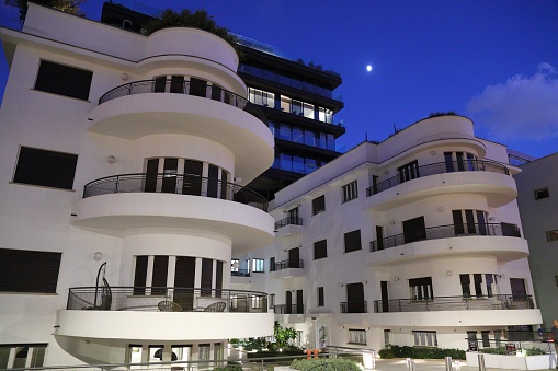 Famous Hayarkon 96 bauhaus style building in Tel Aviv, Israel. Tel Aviv White City and its bauhaus buildings are a UNESCO World Heritage Site.