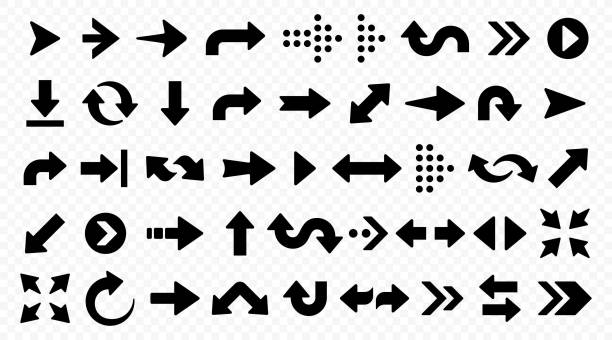 illustrations, cliparts, dessins animés et icônes de jeu d’icônes de flèche vectorielle noire simple moderne. collection de flèches et de curseurs différents sur un style plat pour la conception web ou l’interface - pointe de flèche
