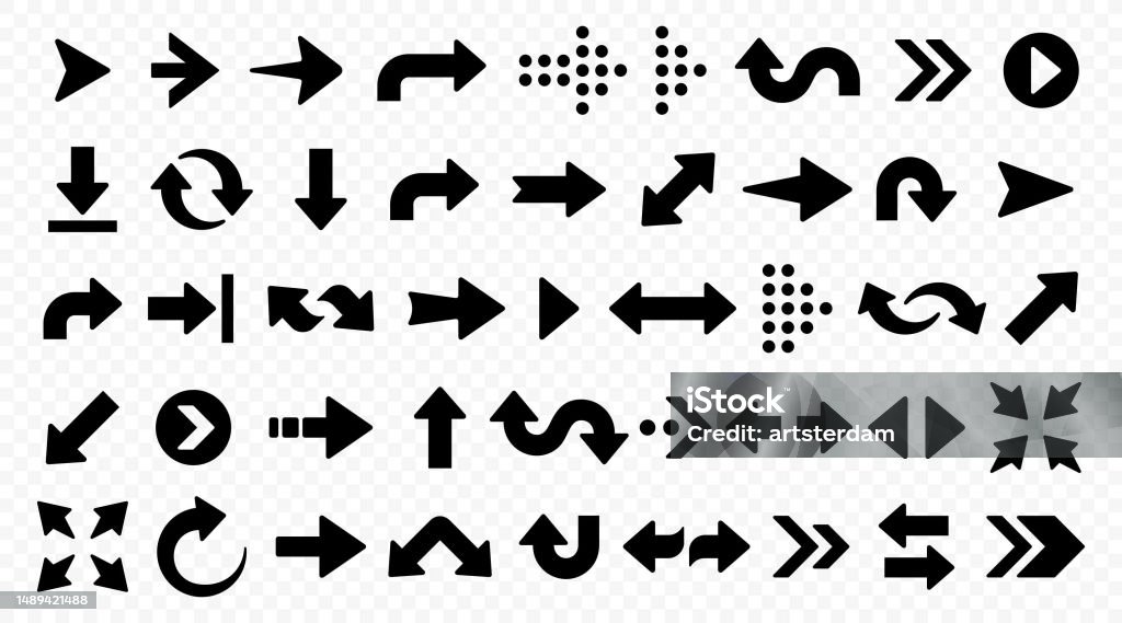 Modern simple black vector arrow icon set. Collection different arrow and cursor on flat style for web design or interface - 免版稅箭頭符號圖庫向量圖形