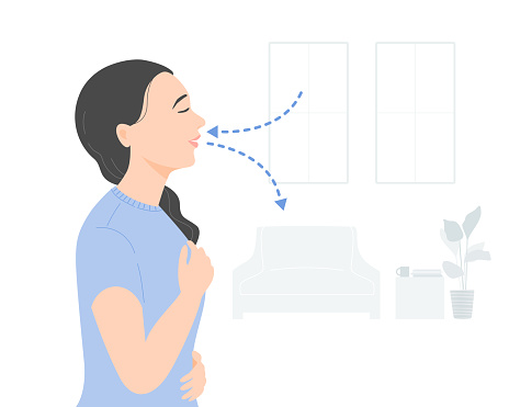 Side view of relaxed woman deep breathing exercise at home, mental health concept. Flat vector illustration.