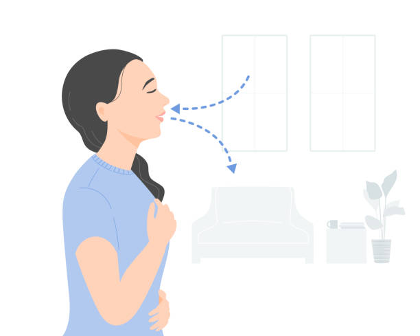 Side view of relaxed woman deep breathing exercise at home, mental health concept. Flat vector illustration. Side view of relaxed woman deep breathing exercise at home, mental health concept. Flat vector illustration. puckering stock illustrations