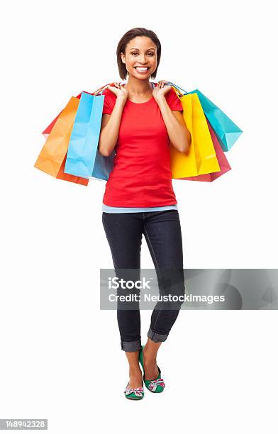 Jovem Mulher Feliz Com Sacos De Compras Isolado - Fotografias de stock e mais imagens de Fazer Compras - Fazer Compras, Saco de Compras, Mulheres