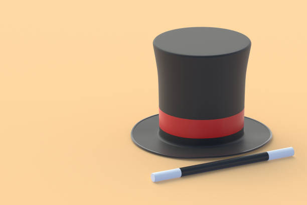 istock Magic cylinder and stick. Sorcery concept. Magical accessory. Mystery show. Illusion trick. Circus performance. Copy space. 3d render 1489425829