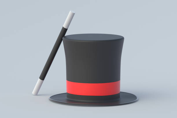 istock Magic cylinder and stick. Sorcery concept. Magical accessory. Mystery show. Illusion trick. Circus performance. 3d render 1489425868