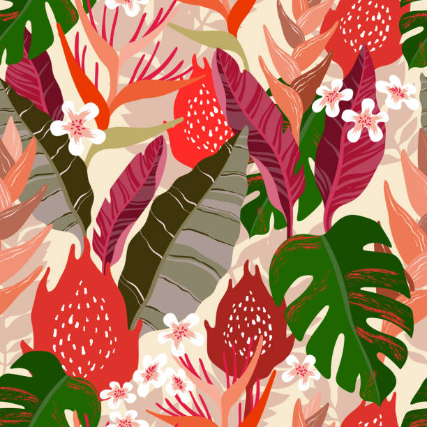 Seamless pattern with leaves, flowers, plants vector art illustration