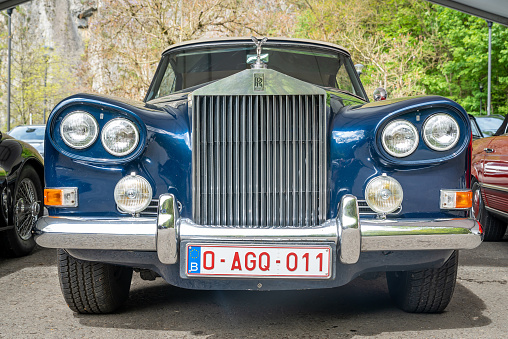 Durbuy, Belgium, 06.05.2023, Front view of vintage luxury car Rolls Royce Silver Cloud III from the 1960s