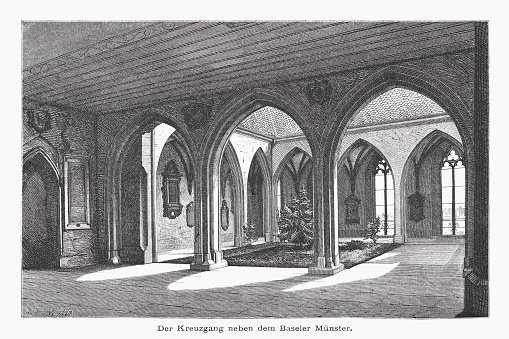 Historical view of the cloister of Basel Minster, Switzerland. Wood engraving, published in 1877.